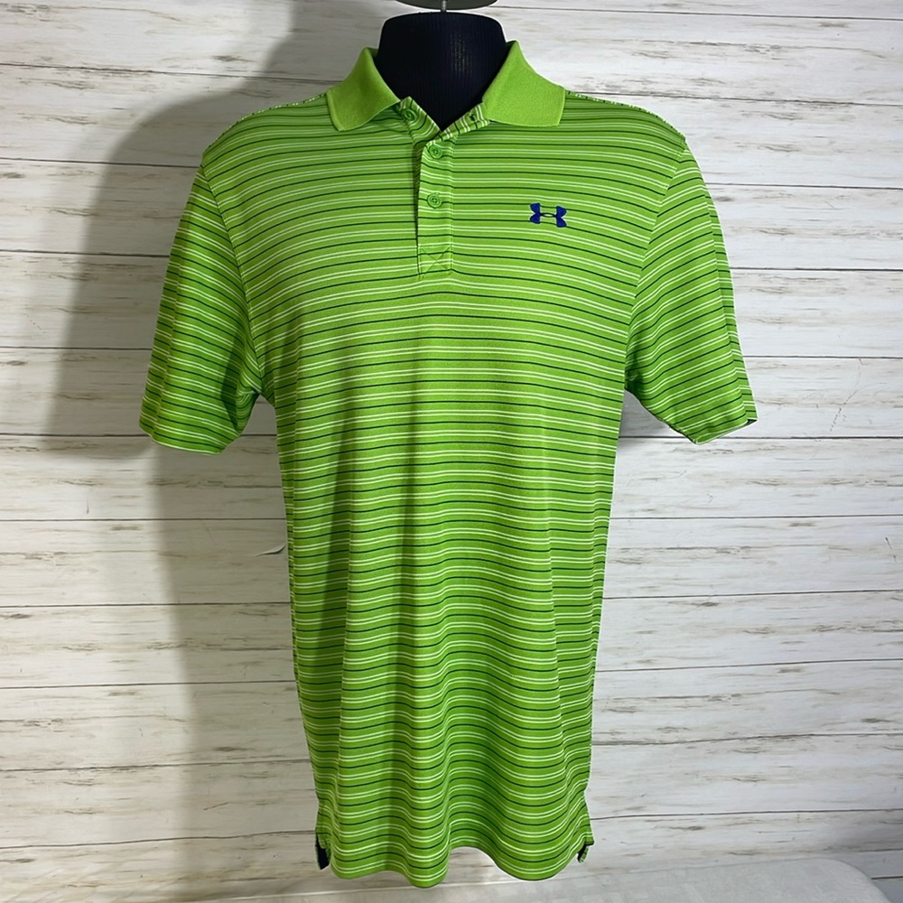 Under Armour Loose Fit Green Blue Stripe Polo Golf Shirt Medium Stretch